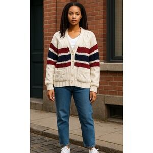 Aerie Cardigan Sweater XXS‎ Cable Knit Striped Women's Ivory Red Blue Oversized